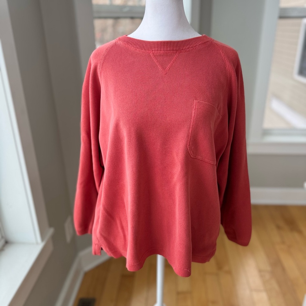 Eddie Bauer Coral Red Orange Cotton Crewneck Sweater Front Pocket Sz Medium